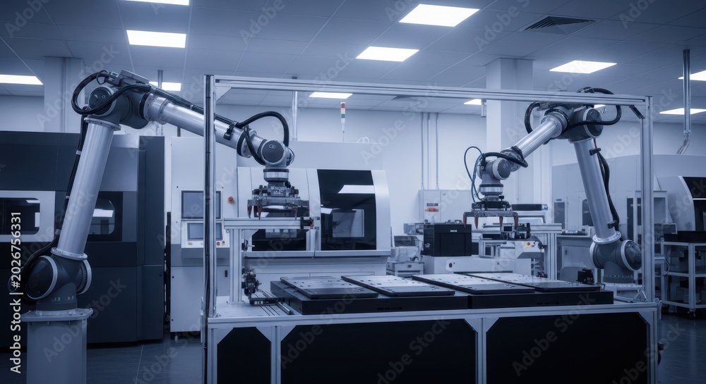 Fototapeta premium Robotic arms performing precise tasks within a modern industrial production environment