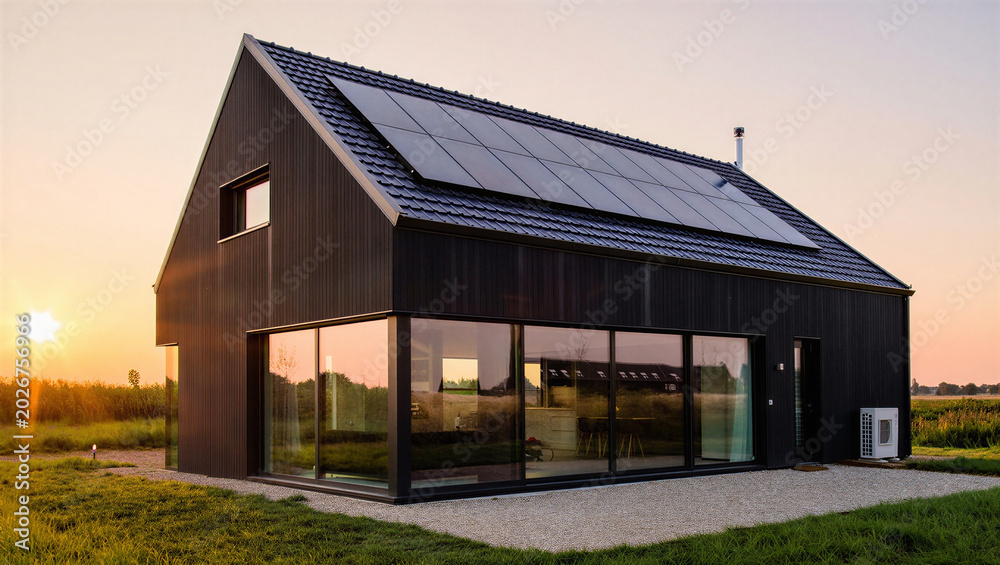 Obraz premium Sustainable modern black house with solar panels at sunset eco friendly solar energy sustainable