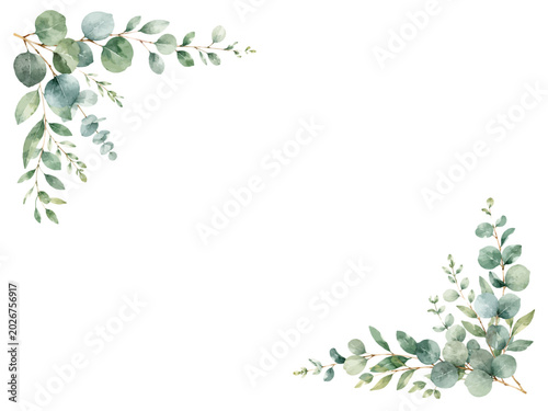 Slika na platnu A charming watercolor corner border frame with green eucalyptus leaves and branc