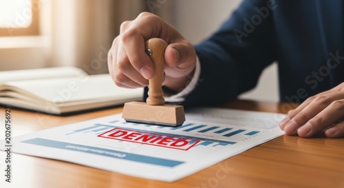 Hand pushing down a heavy hand stamp onto a chart page to print a red rectangular DENIED ink mark
