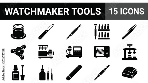Konstfotografi Watchmaker tools, repair icons, 15 black vector graphics, horology equipment, cl