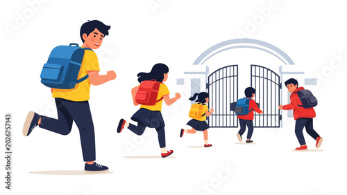 Konstfotografi Morning Rush to School: Children with backpacks rush towards school gates, eager for a day of learning and adventure