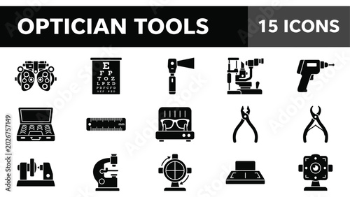 Tableau sur toile Optician tools, eyecare equipment icons, black vector graphics, 15 symbols