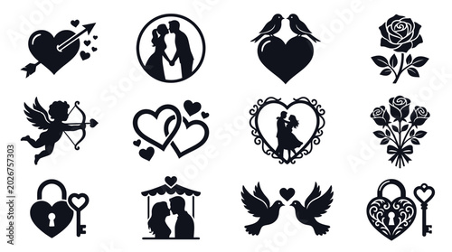 Foto Collection of romantic silhouette icons and symbols featuring hearts pierced by