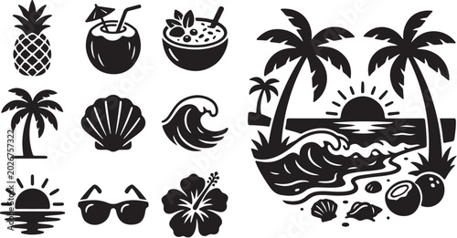 Tropical Vacation Icons and Summer Symbols Collection