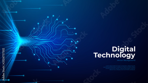 Abstract technology blue background. Digital data tree concept. Glowing neon circuit lines forming technology tree or big data stream. Metaverse, cyberspace or artificial intelligence concept.