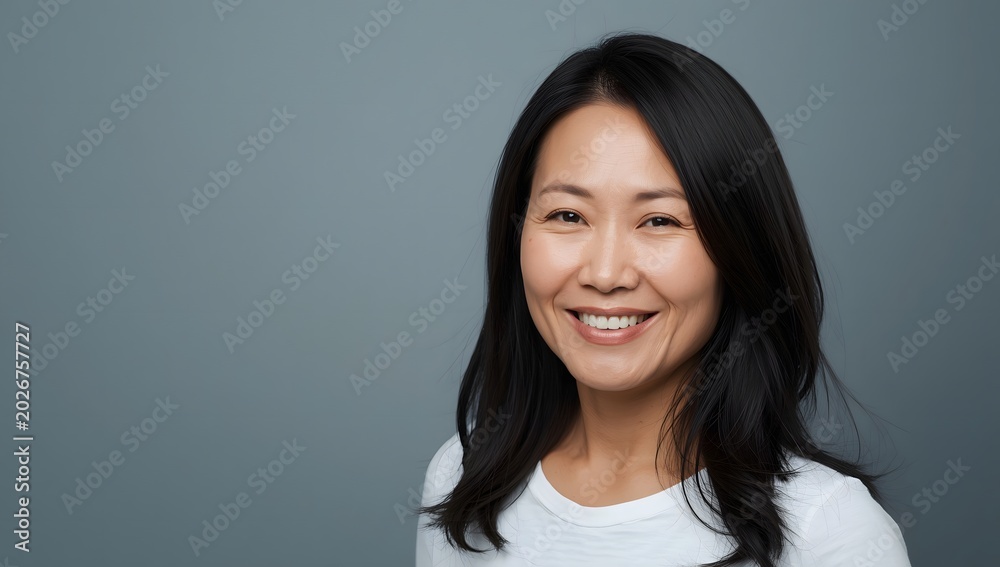 Fototapeta premium Senior happy middle aged mature asian woman headshot portrait. Hair care advertising on a gradient background.