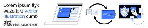 Data security, file management, encryption, cloud storage, cybersecurity, online privacy. Graphic shows a laptop, file transfer process and shield symbol. Data security and file management