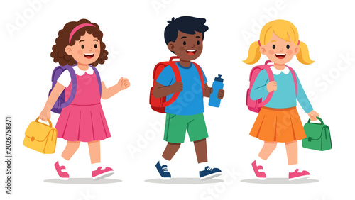 Slika na platnu Back to School Excitement: Three cheerful young students, each with a backpack and lunchbox, walk together, eager for a new day of learning and fun