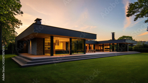 Slika na platnu Modern house with open floor plan and illuminated interior at dusk real estate a