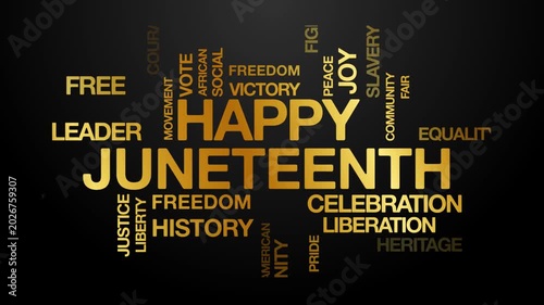 Happy juneteenth concept Animated Tag Word Cloud kinetic typography, Text Design Animation typography seamless loop video motion graphics Intro Wordart arrangement golden type on black background bg b