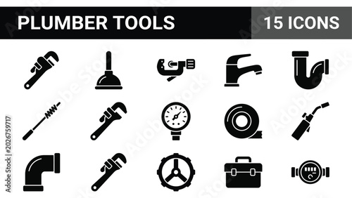 Foto Plumber tools icon set, 15 black solid plumbing equipment vectors, professional