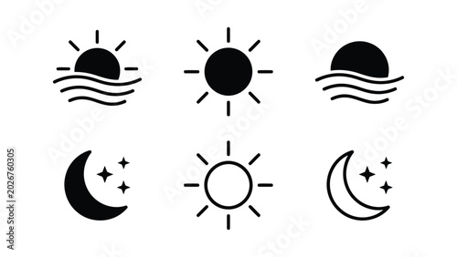 Tableau sur toile Rising sun black silhouettes icon set