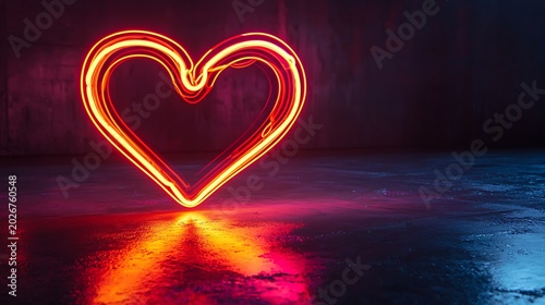 Minimal Dark Scene with Heart-Shaped Neon Lines Glowing on Concrete Floor for Modern Advertising, Branding and Love-Innovation Concept