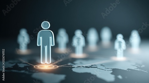 Digital illustration of human icons connected on a global map, symbolizing networking, leadership, and global communication.