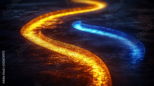Top View of Two Diverging Glowing Paths on Dark Minimal Surface with Warm Golden and Cool Blue Light Representing Decision Making, Choice and Strategic Direction Concept