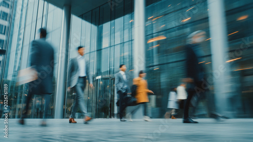 professional business people walking past modern office building, glass facade reflections, motion blur