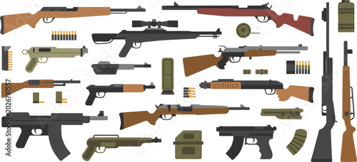 Cuadro en lienzo Assortment of firearms and ammunition in a flat vector illustration rifle shotgu