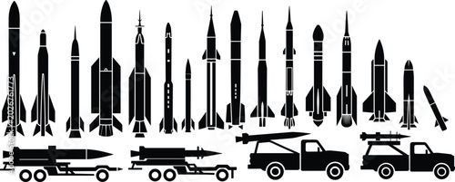 Tableau sur toile Black Silhouettes of Missiles and Rocket Launchers on White Background Keywords: