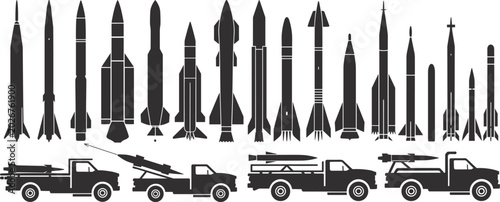 Fotografía Black Silhouettes of Missiles and Rocket Launchers on White Background Keywords: