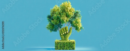 A green hand-shaped hedge supports a leafy tree against a blue background, symbolizing environmental protection and sustainability.
