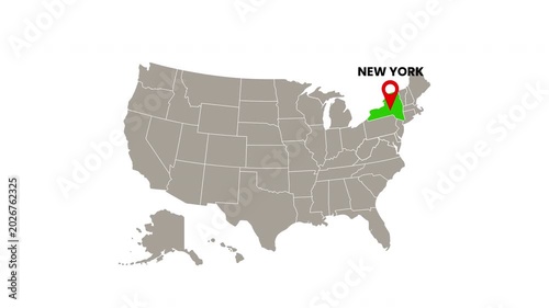 United States map with New York state highlighted in green and marked with a red location pin on white background.