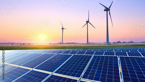Fotografie Vast solar panel farm and wind turbines in open field at sunrise with wind turbi
