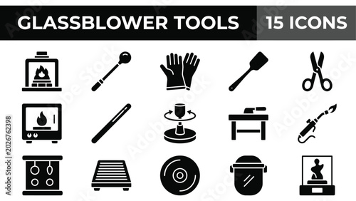 Foto Glassblower tools icon set, 15 professional glass blowing equipment vectors, fur