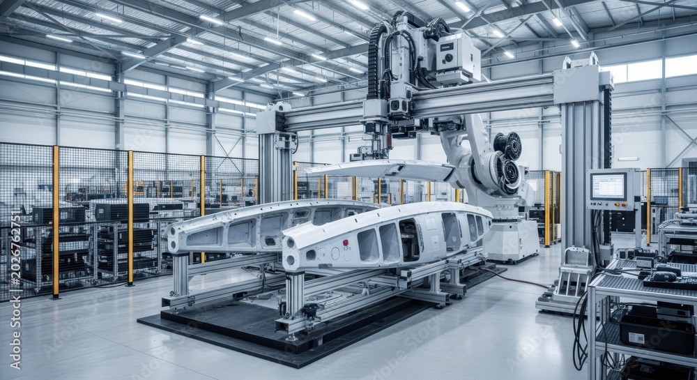 Fototapeta premium Advanced Robotic Arm Assembling Complex Metal Components in a Modern Industrial Manufacturing Facility