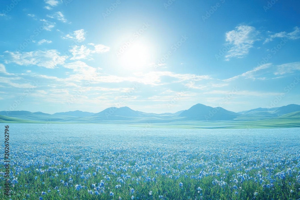 Fototapeta premium Sunlit Blue Wildflower Meadow Mountain Landscape