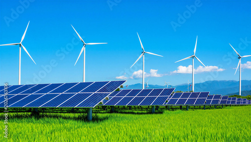 Foto Solar energy panels and wind turbines in a lush grassy landscape with eco friend