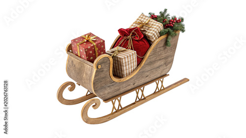 Εκτύπωση καμβά A decorative miniature golden Christmas santa sleigh filled with red gift boxes