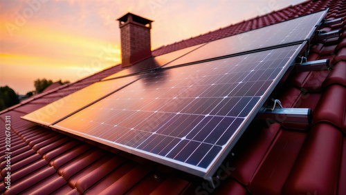 Foto Residential solar panels installed on red tiled roof during golden sunset with r