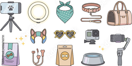 Konstfotografi Pet Travel and Content Creator Equipment Icon Set Featuring Carrier Bag Action C