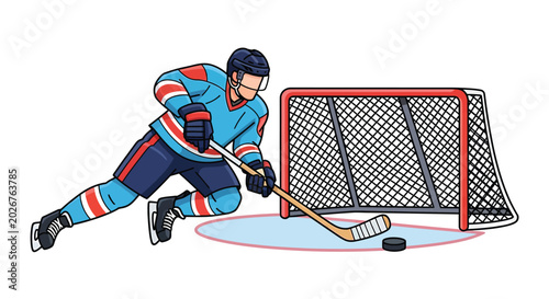 Konstfotografi Professional ice hockey player maneuvering the puck near the goal net during an