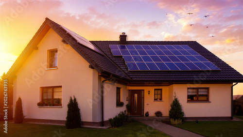Angled view of modern eco friendly home with solar panels under sunset sky renewable electricity