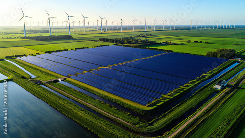 Foto Vast solar energy array and wind farm in a green dutch polder landscape with ren