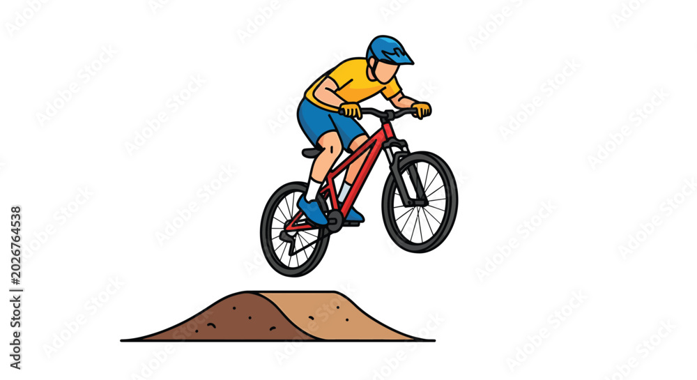 Fototapeta premium Male athlete performing a high jump on a mountain bike over a dirt ramp outdoors during a summer day adventure representing active lifestyle hobby and healthy recreational exercise for fitness