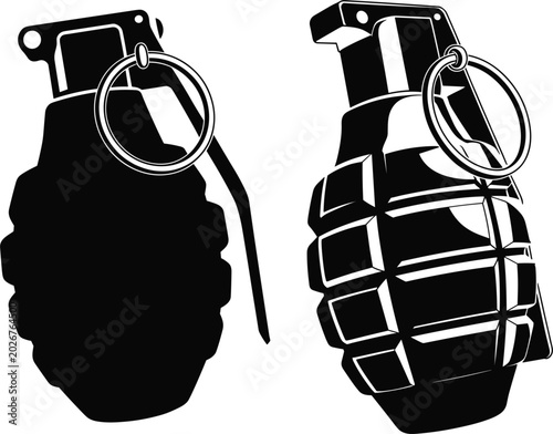 Fotografie Two black and white illustrations of a fragmentation grenade hand grenade explos