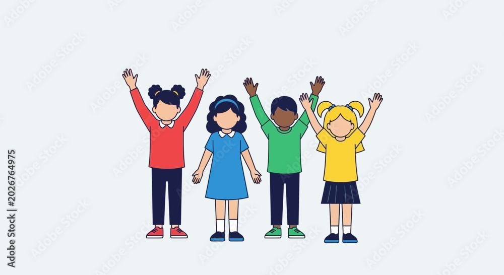Fototapeta premium Diverse group of children waving hands, celebrating together, flat illustration