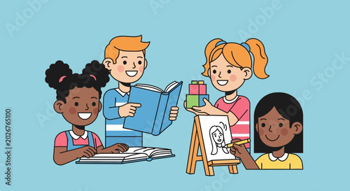 Diverse kids learning and creating art together, education and creativity concept