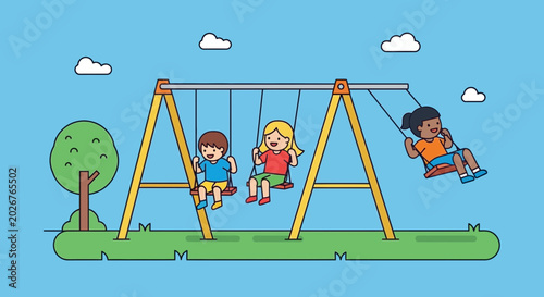 Tableau sur toile Happy Children Swinging on Playground Swing Set, Outdoor Fun