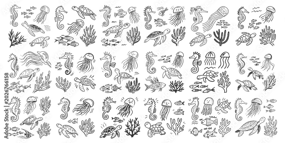 Fototapeta premium Hand Drawn Underwater Sea Life Doodles Featuring Turtles Jellyfish and Corals