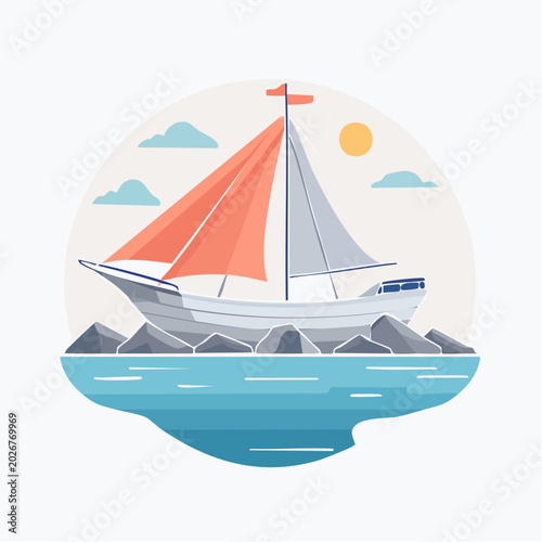 Sailboat on the water with orange and white sails