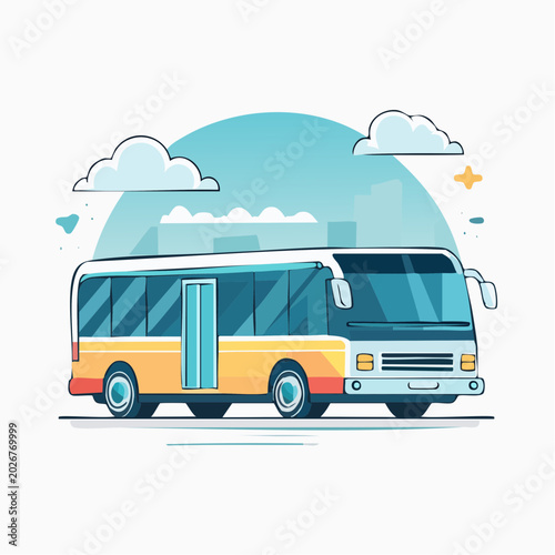 Stylized illustration of a yellow and white bus with blue windows