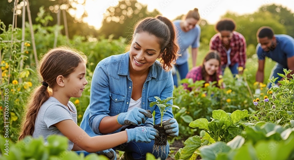 Fototapeta premium Woman Teaches Child Gardening with Happy Group in Community Garden