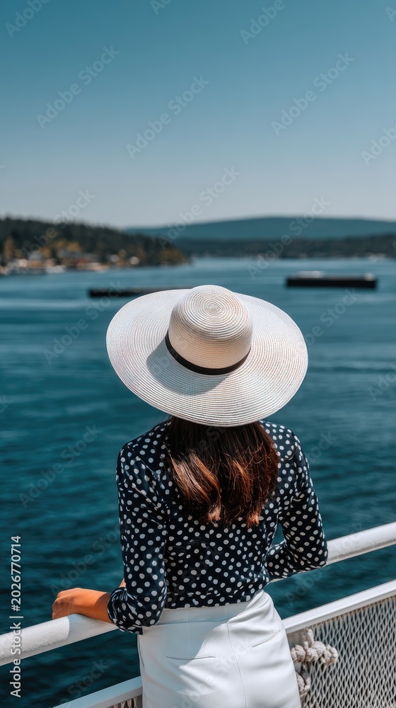 Obraz premium Woman in a wide brimmed straw hat stands on a pier, looking at the ocean and distant mountains under a blue sky
