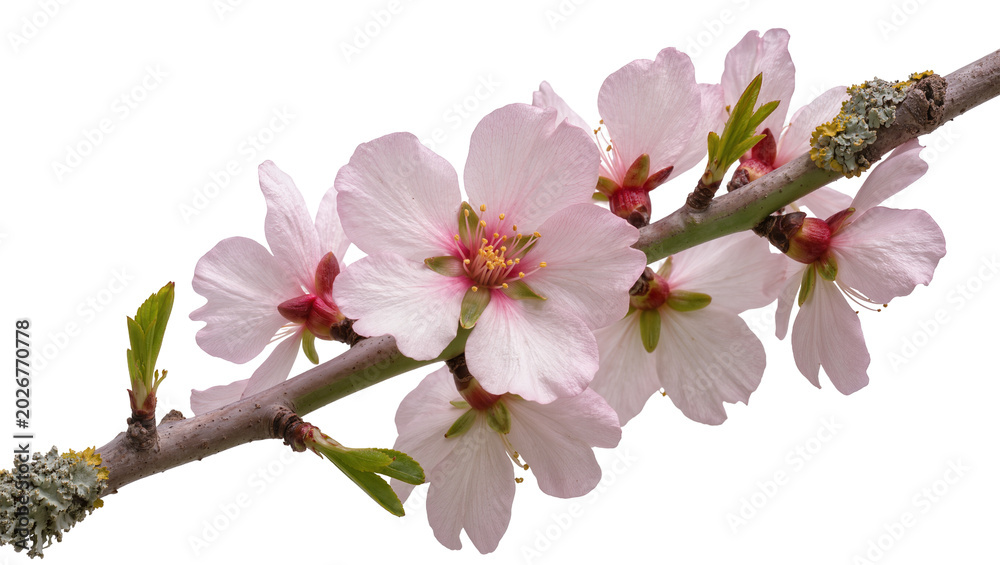 Fototapeta premium Delicate pink almond blossoms on a textured branch, isolated on transparent background