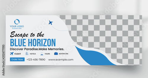 Summer beach resort tour banner template with island paradise
