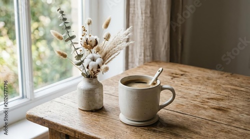 Cozy Morning Scene with Coffee Mug and Dried Flower Arrangement